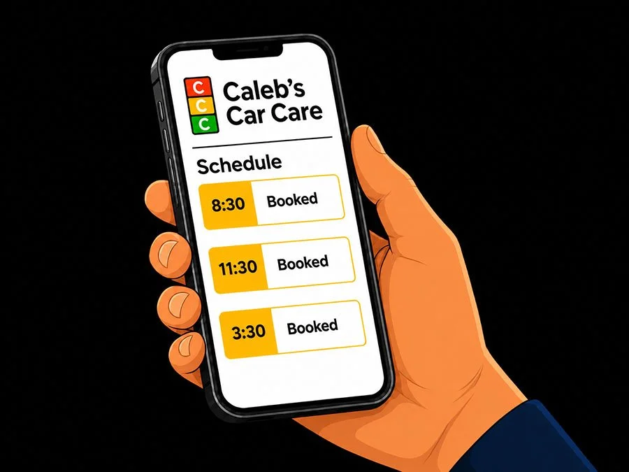 Graphic representing a technician's booked screen with Caleb’s Car Care