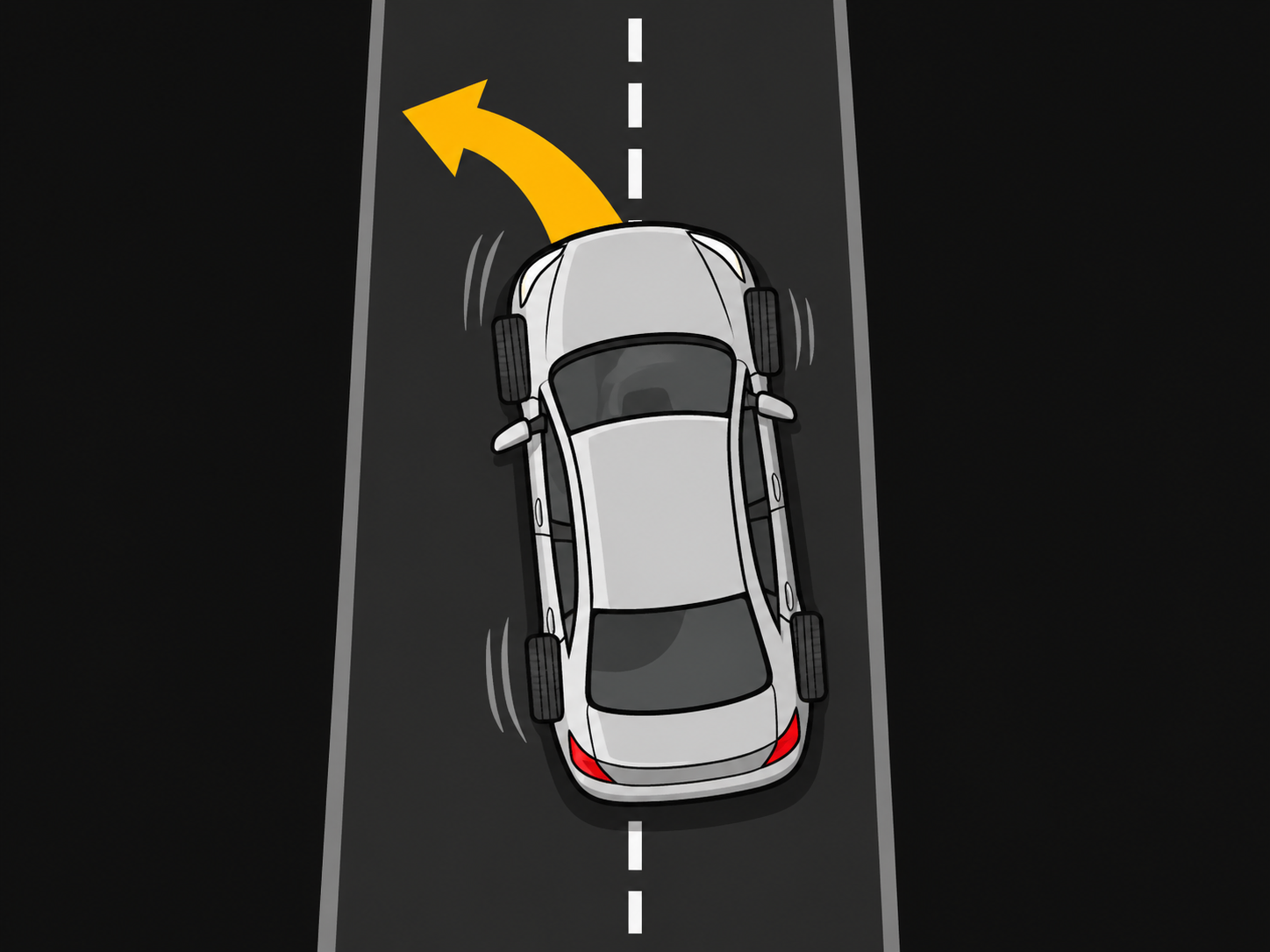 Top-down illustration of a car pulling left while braking, shown with a directional arrow
