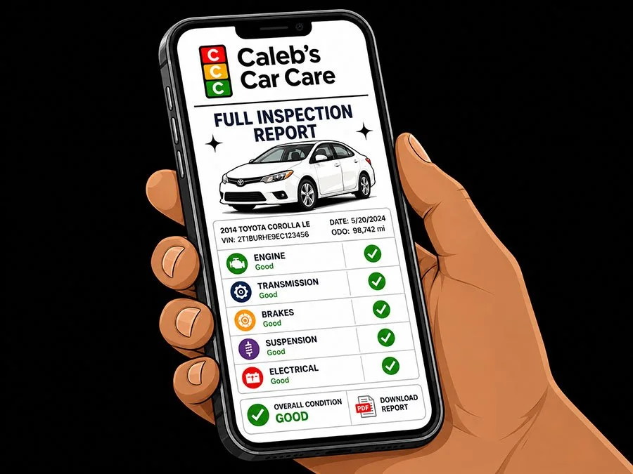 Graphic representing a full used car inspection report from Caleb’s Car Care.