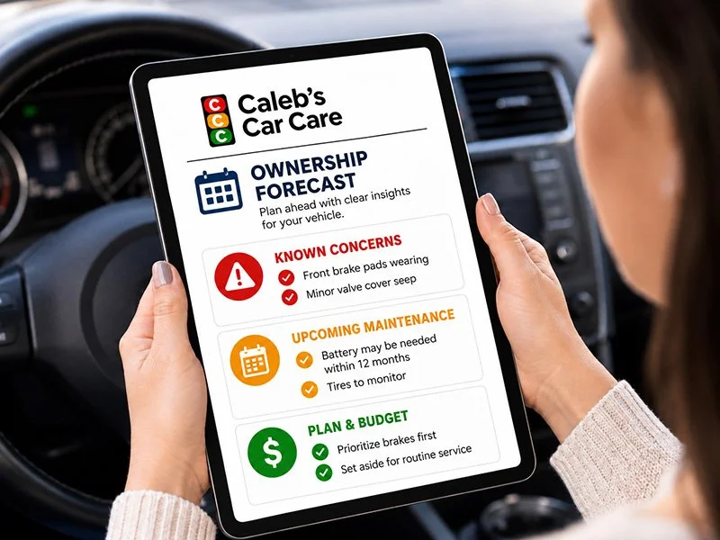 Tablet displaying an Ownership Forecast with known vehicle concerns, upcoming maintenance, and repair-budget planning