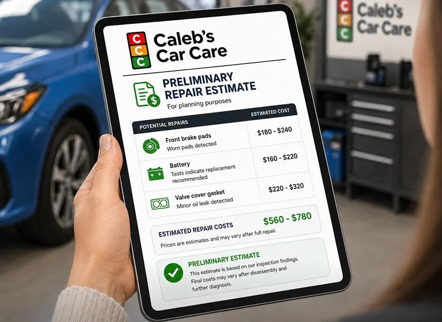 Graphic representing a preliminary repair estimate after a used car inspection.