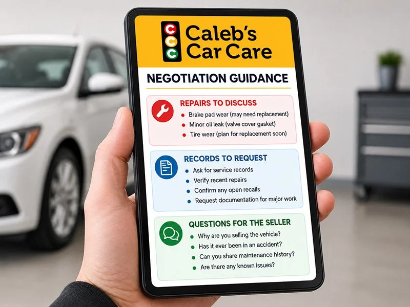 Tablet displaying negotiation guidance with repairs to discuss, records to request, and questions for the seller