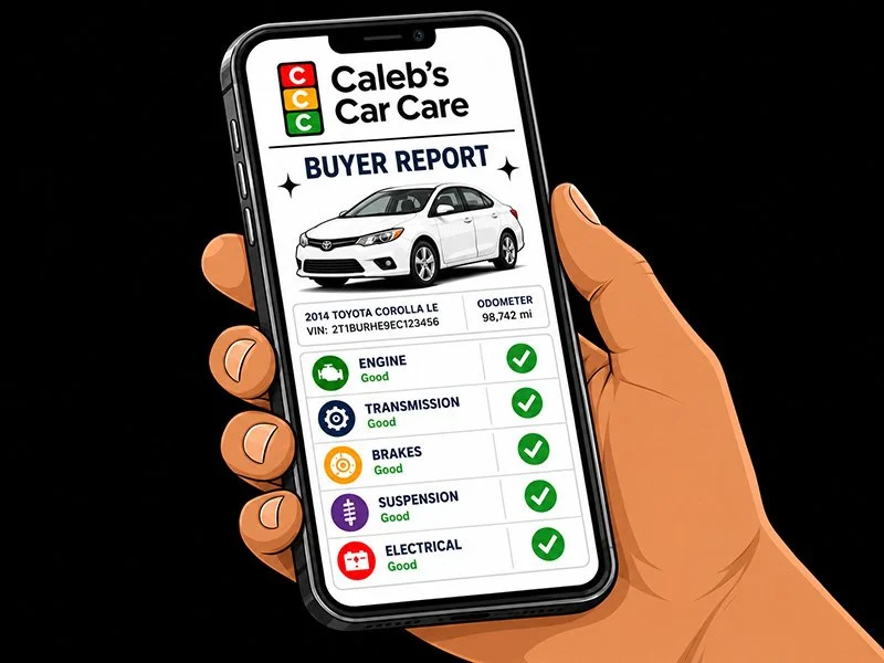 Phone displaying a Caleb’s Car Care Buyer Report with used car pre-purchase inspection findings