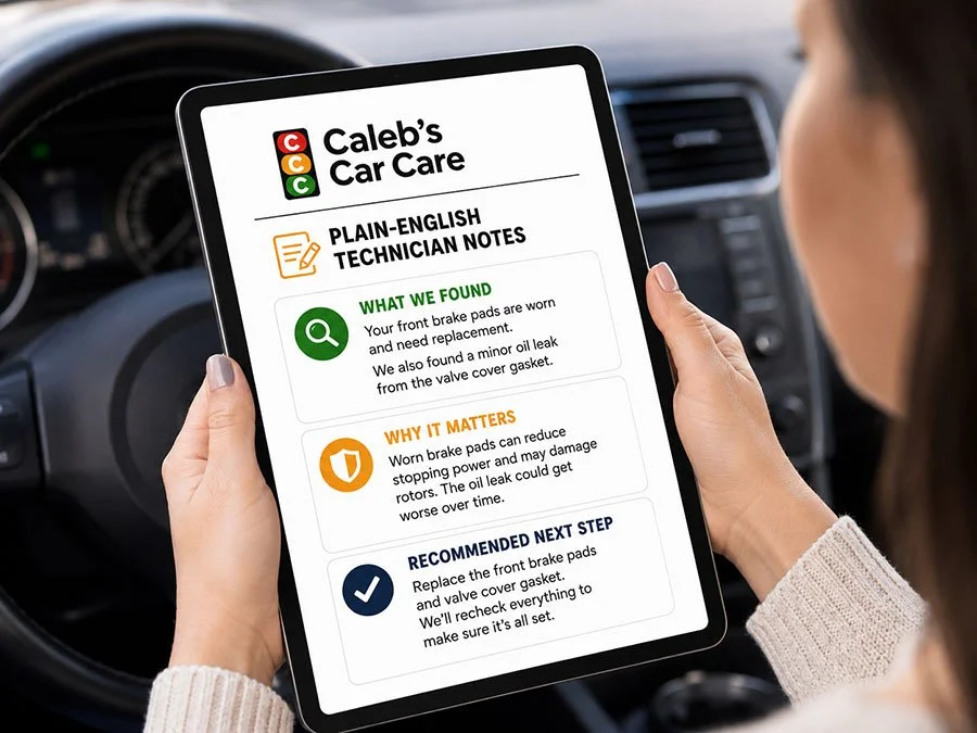 Graphic representing technician notes from a Caleb’s Car Care used car inspection.