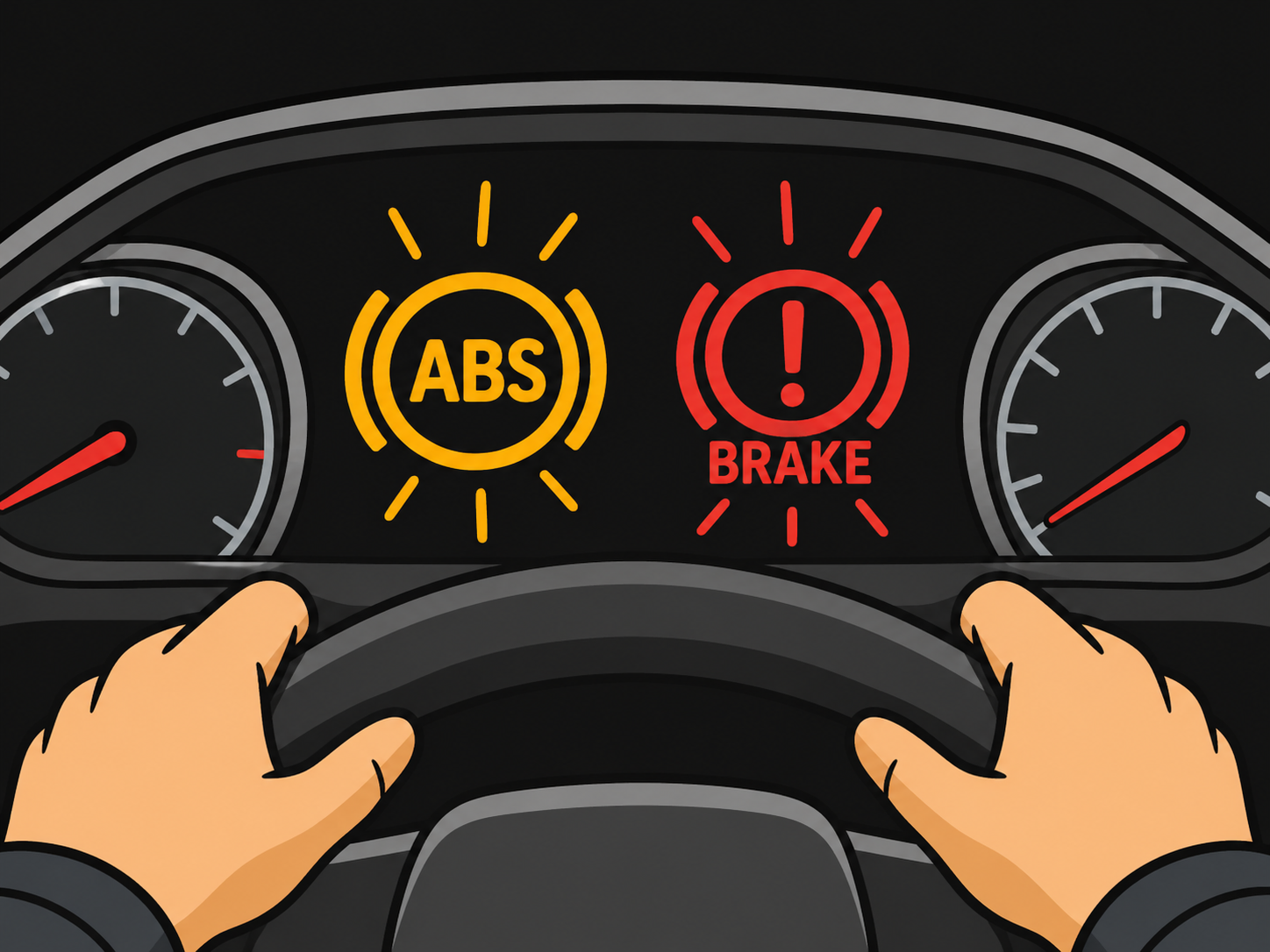 Illustration of illuminated ABS and brake warning lights on a vehicle dashboard