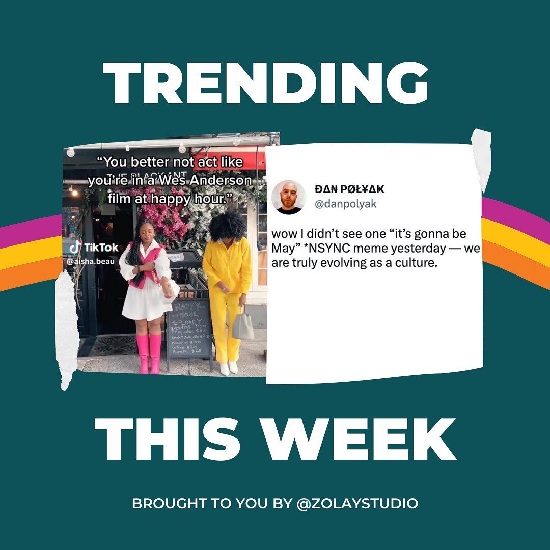 This week had us all living in Wes Anderson films ❤️ Scroll through to see the most viral trends of the week.

📸 Show and tell: Twitter edition 
📽️ Channel your inner Wes Anderson 
🎶 Absence of *Nsync memes for May 

Which trend has been on your m