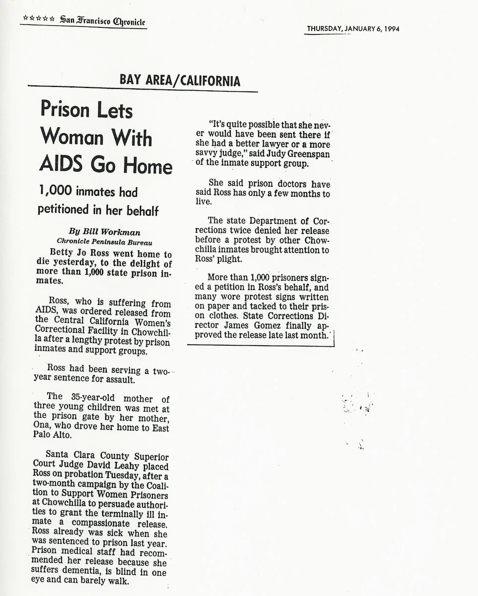 Bill Workman. "Prison Lets Woman With AIDS Go Home," 1994. San Francisco Chronicle. Judy Greenspan Papers, The LGBT Community Center National History Archive.
