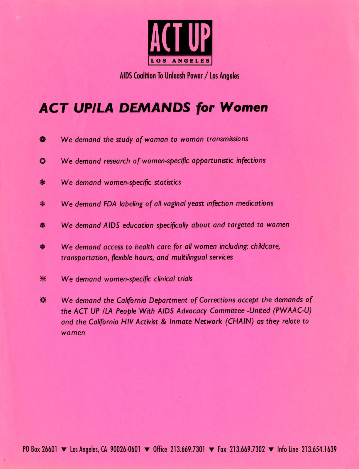 ACT UP/LA. Flyer. "ACT UP LA DEMANDS for Women," c.early 1990s. Judy Sisneros ACT UP/Los Angeles Records, ONE Archives at the USC Libraries.
