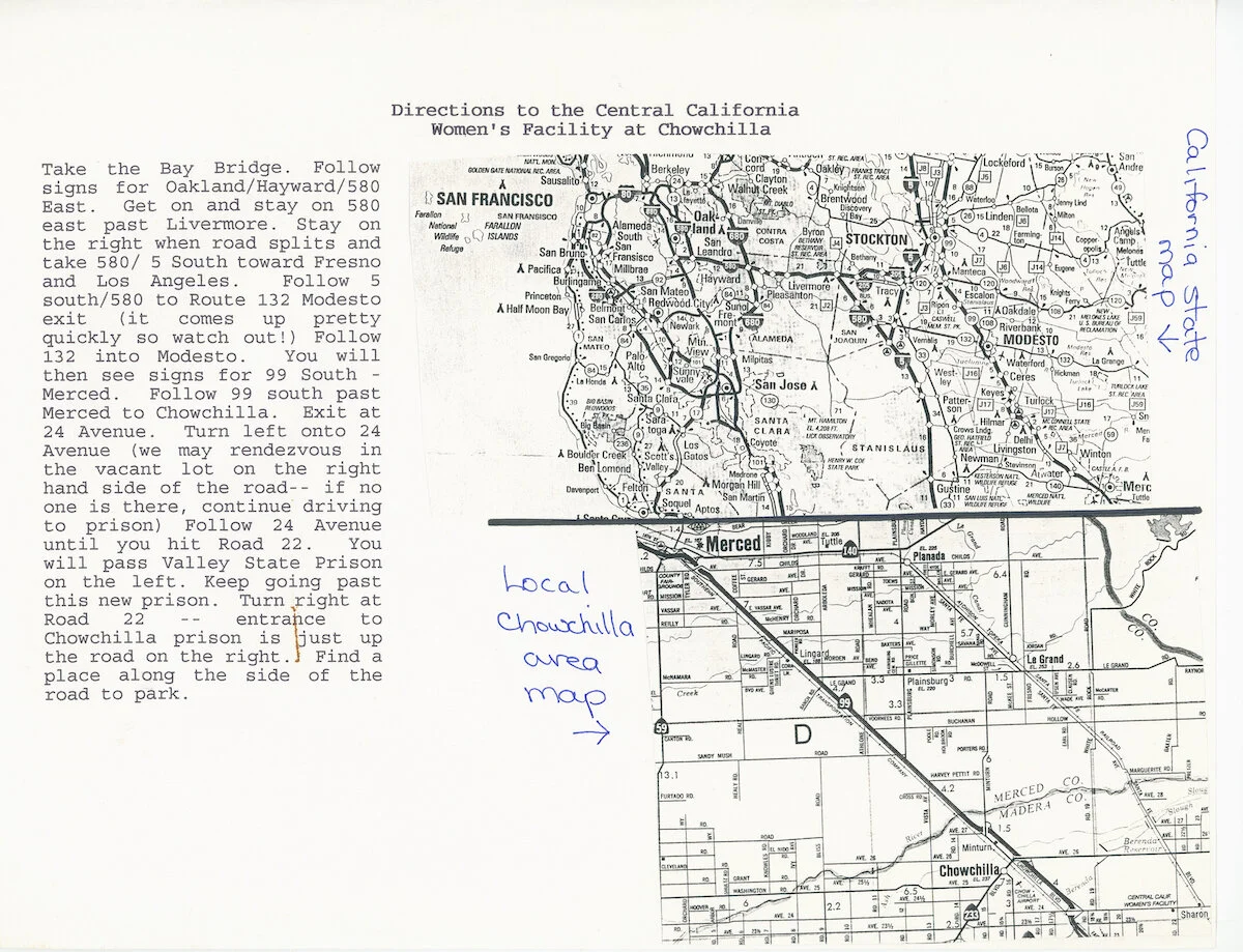 Coalition to Support Women Prisoners at Chowchilla. Map / Flyer. "Directions to the Central California Women's Facility at Chowchilla," c.1994. Judy Greenspan Papers, The LGBT Community Center National History Archive.