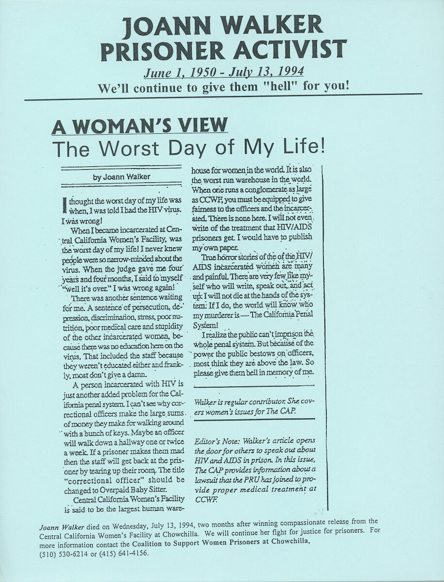 Joann Walker, Coalition to Support Women Prisoners at Chowchilla. Article. "A Woman's View: The Worst Day of My Life!," c.1994. The Cap. Judy Greenspan Papers, The LGBT Community Center National History Archive.