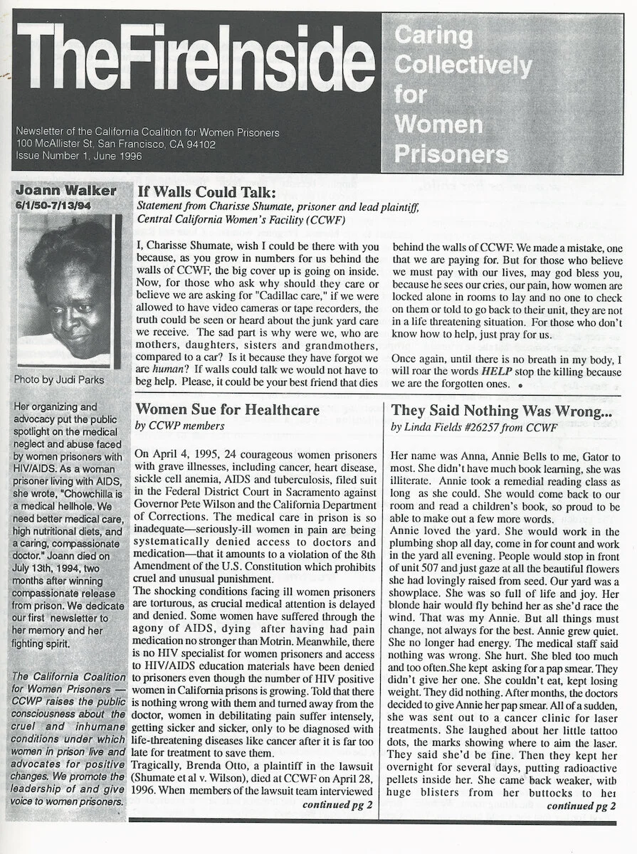 California Coalition for Women Prisoners. Newsletter. "The Fire Inside," Issue Number 1, June 1996. Judy Greenspan Papers, The LGBT Community Center National History Archive.