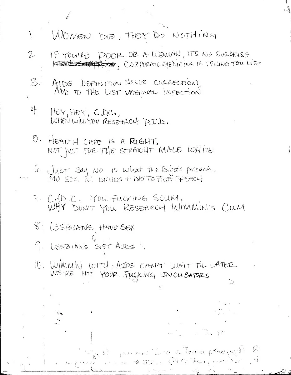 Unknown. Chants. "1. WOMEN DIE, THEY DO NOTHING," c.early 1990s. Judy Sisneros ACT UP/Los Angeles Records, ONE Archives at the USC Libraries.