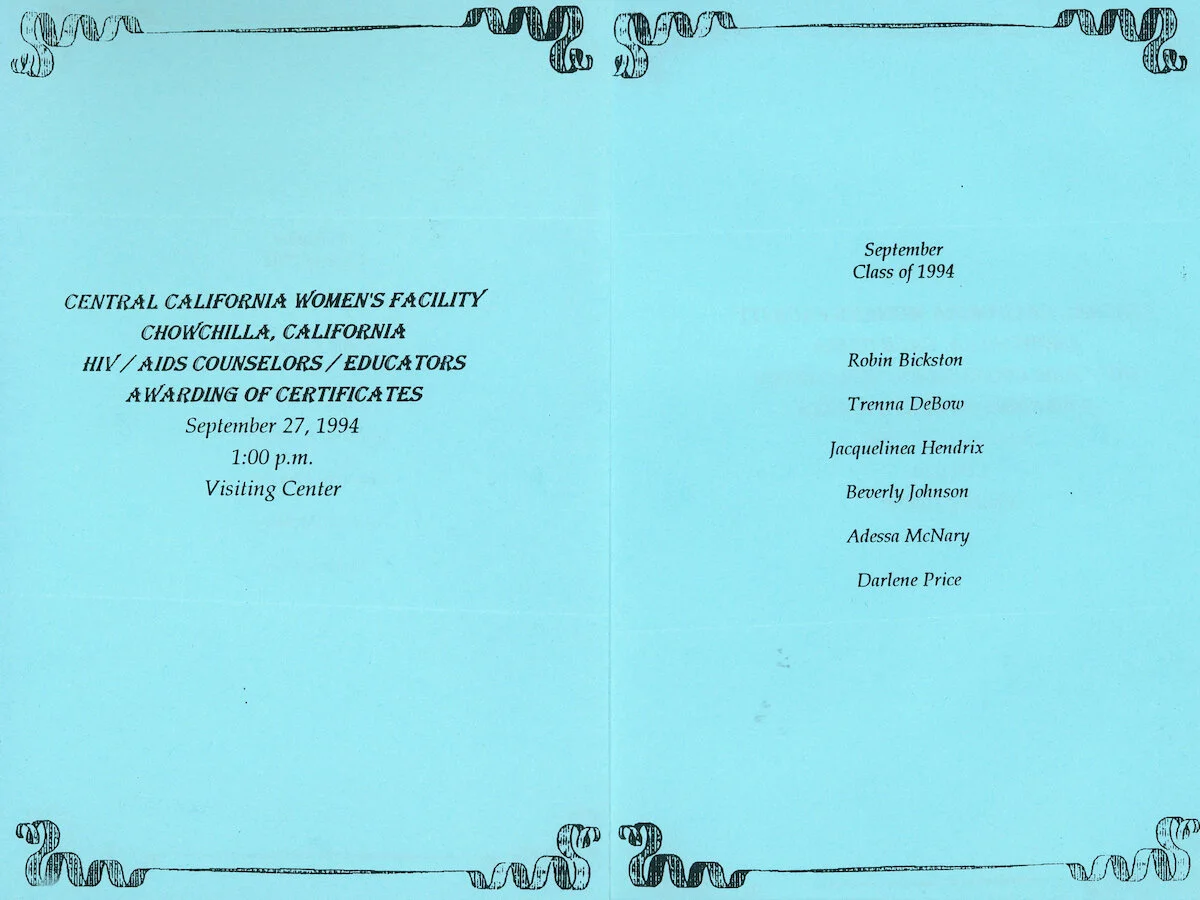 Central California Women's Facility Chowchilla. Program. "HIV/AIDS Counselors / Educators Awarding of Certificates," September 1994. Judy Greenspan Papers, The LGBT Community Center National History Archive.