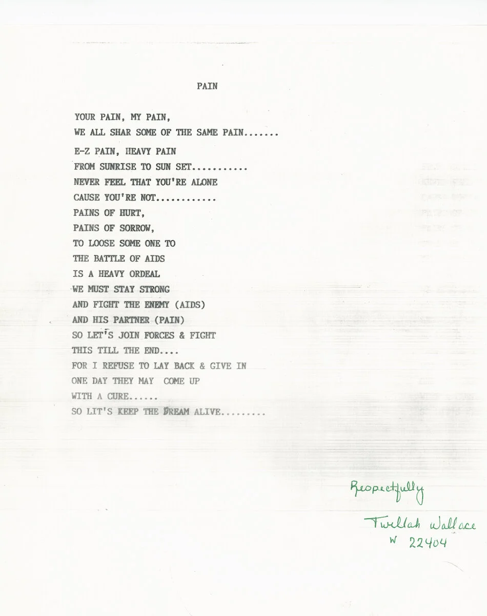 Twillah Wallace. Poem. "PAIN," c.early 1990s. Judy Greenspan Papers, The LGBT Community Center National History Archive.