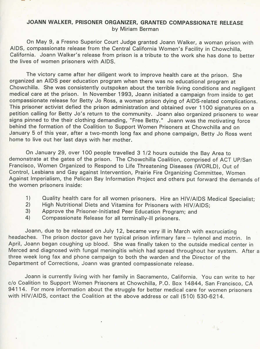 Miriam Berman, Coalition to Support Women Prisoners at Chowchilla. Article. "Joann Walker, Prisoner Organizer, Granted Compassionate Release," 1994. Judy Greenspan Papers, The LGBT Community Center National History Archive.