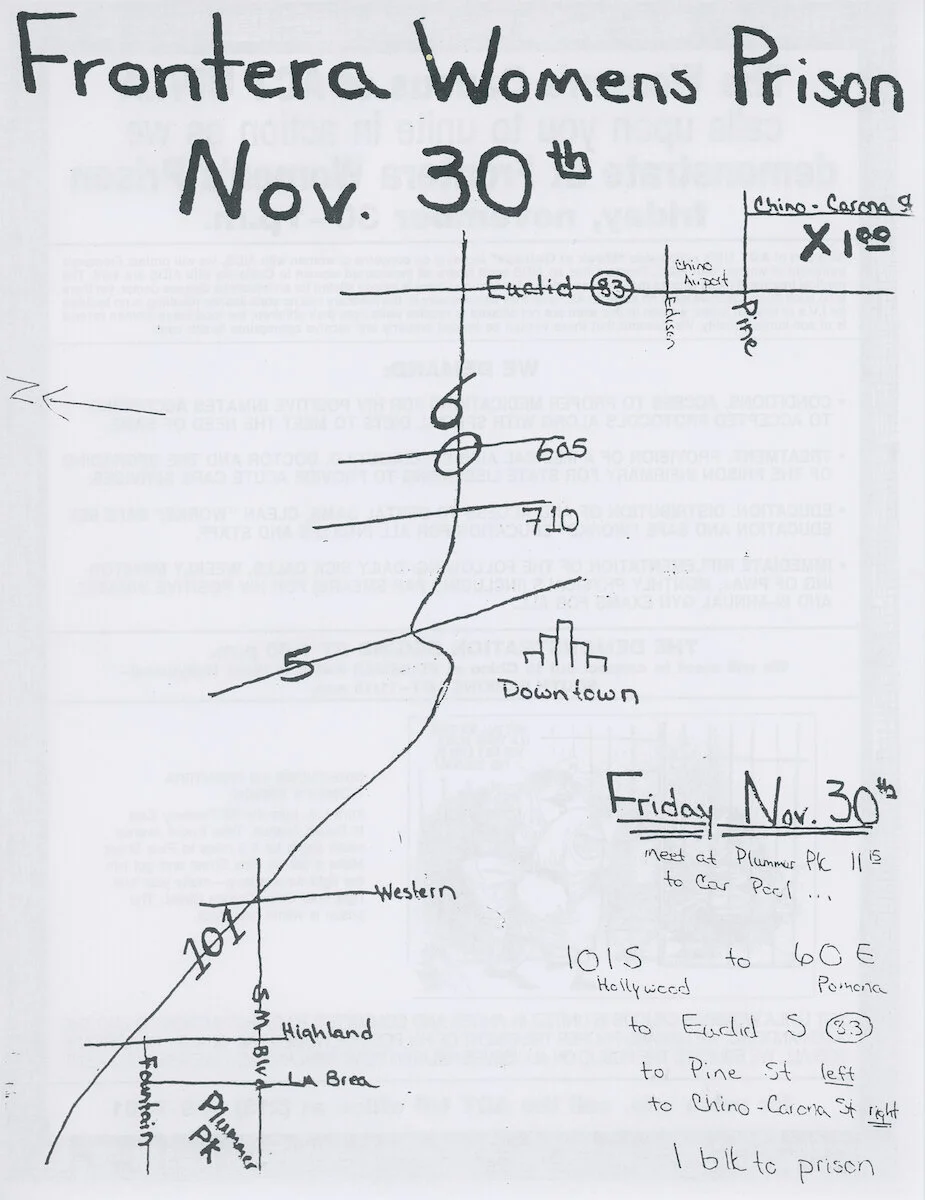 ACT UP/LA. Map. "Frontera Womens Prison," c.1990. Judy Sisneros ACT UP/Los Angeles Records, ONE Archives at the USC Libraries.