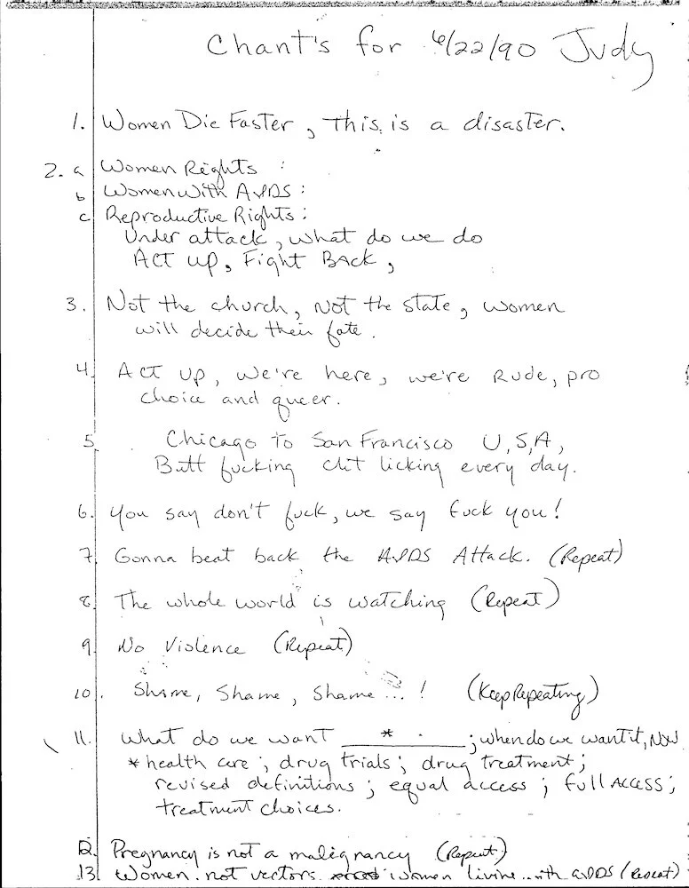 Unknown. Chants. " Chants for...," 1990. Judy Sisneros ACT UP/Los Angeles Records, ONE Archives at the USC Libraries.