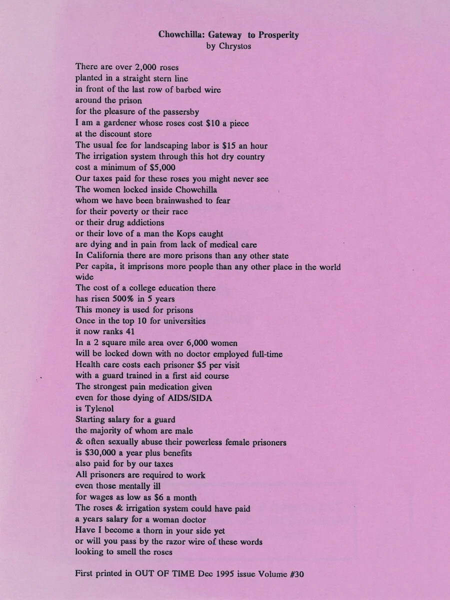 Chrystos, California Coalition for Women Prisoners. Flyer. "Chowchilla: Gateway to Prosperity," 1995/1996. Judy Greenspan Papers, The LGBT Community Center National History Archive.