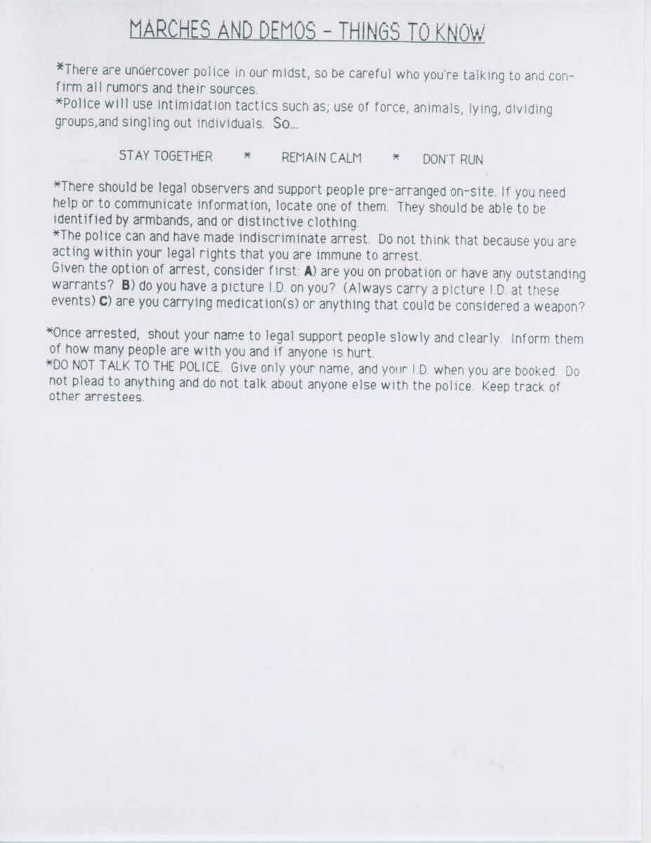 Gunther Freehill and Helen Schpak for ACT UP/LA. Flyer. "Marches and Demos - Things to Know," c.1990. Judy Sisneros ACT UP/Los Angeles Records, ONE Archives at the USC Libraries.