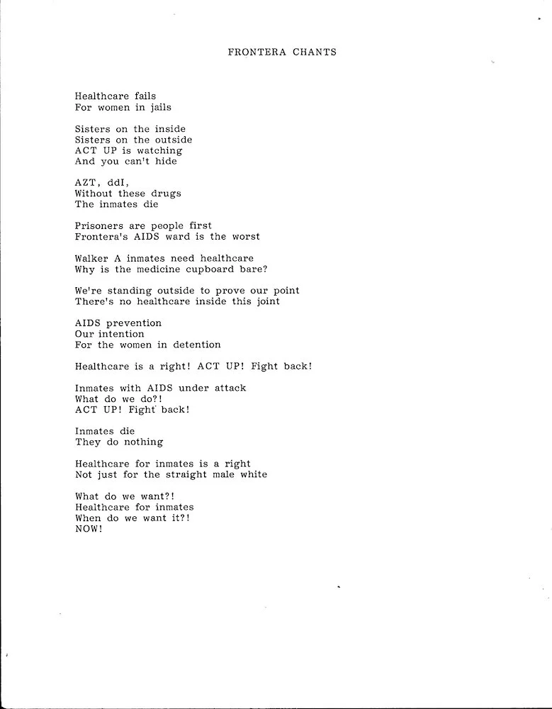 ACT UP/LA. Flyer. "Frontera Chants," 1990. Judy Sisneros ACT UP/Los Angeles Records, ONE Archives at the USC Libraries.