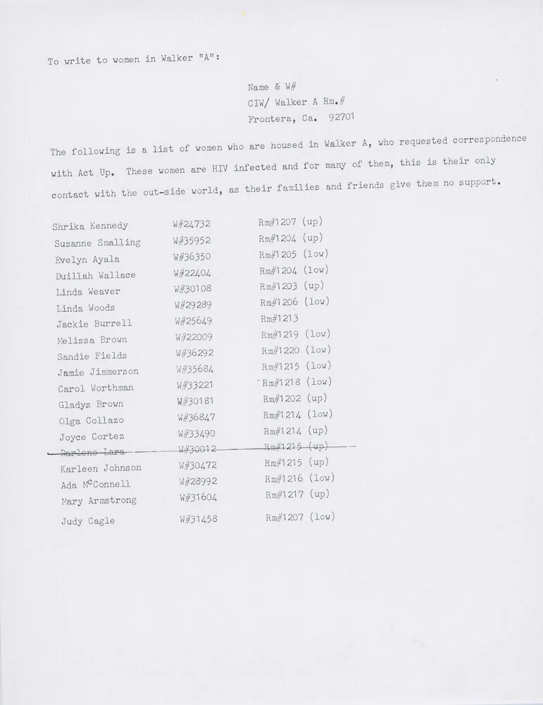 ACT UP/LA. Document. "To Write to Women in Walker A," c.1990. Judy Sisneros ACT UP/Los Angeles Records, ONE Archives at the USC Libraries.