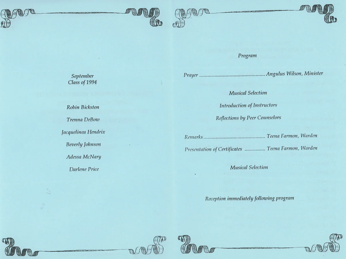 Central California Women's Facility Chowchilla. Program. "HIV/AIDS Counselors / Educators Awarding of Certificates," September 1994. Judy Greenspan Papers, The LGBT Community Center National History Archive.