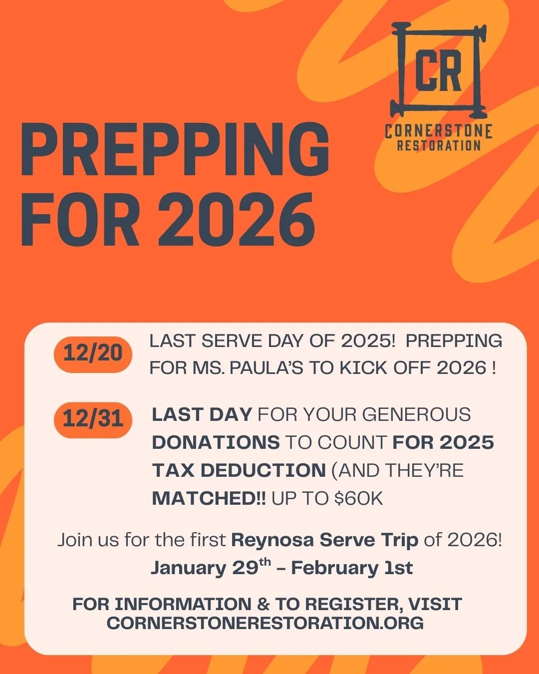 Our last serve day of the year is this Saturday at the CR Warehouse in Spicewood! Come help us organize and prep for Ms. Paula&rsquo;s home, which will kick off the new year. 🧡

Don&rsquo;t forget &mdash; registration is open for our first Reynosa, 