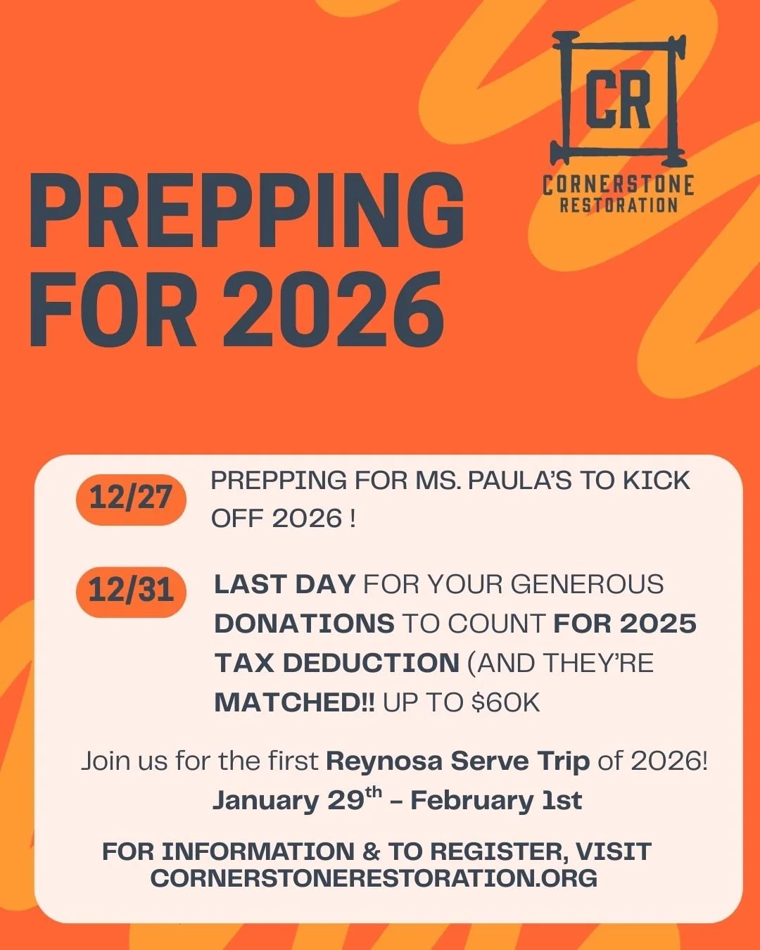 Family in town to celebrate Christmas?  Eat too much!!?? We've got you covered!  Come and serve with us tomorrow, December 27th!! A group will be at the warehouse organizing and preparing for 2026!! Guaranteed to burn calories AND fill your heart wit