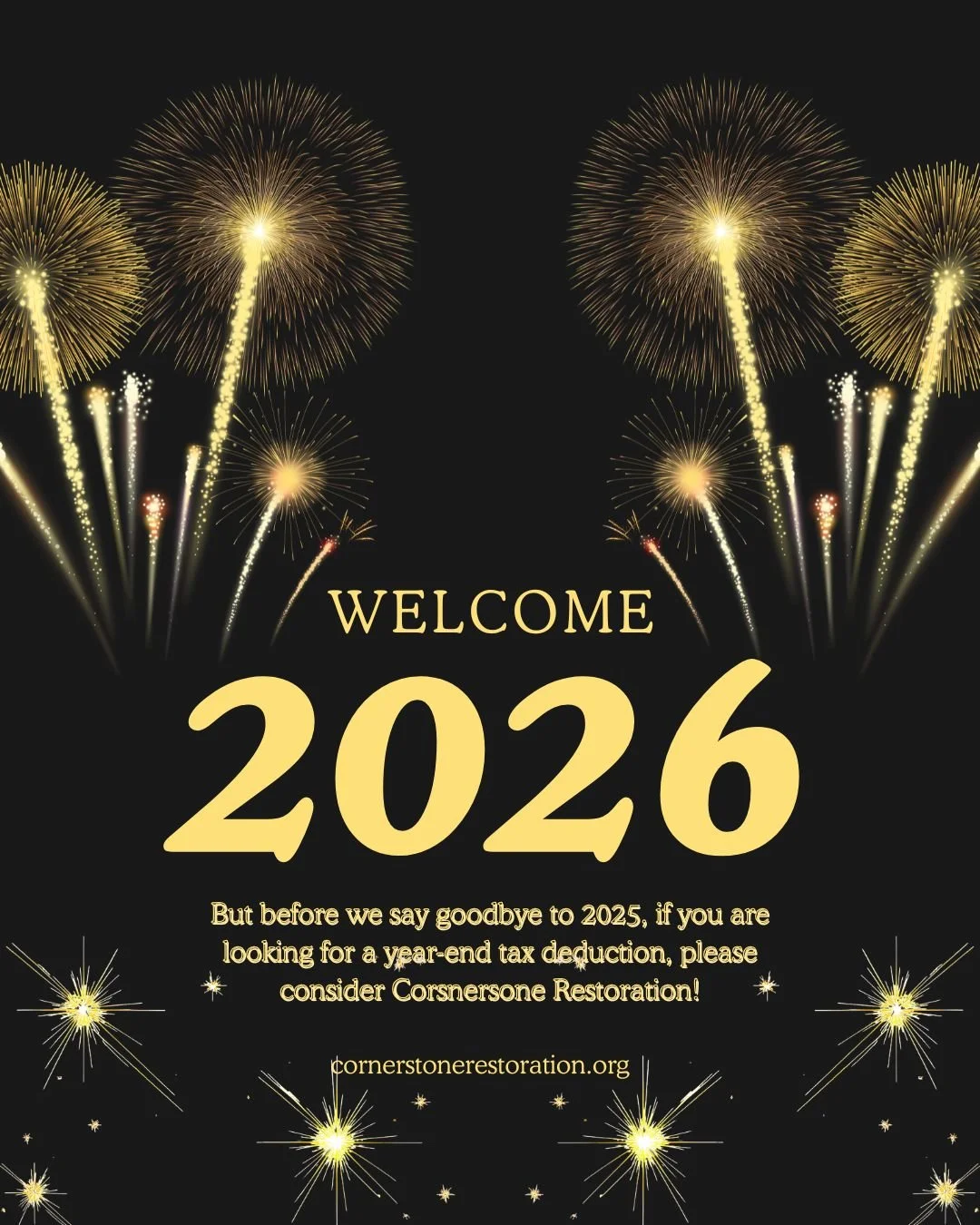 Only 3 Days Left to Give Before the End of the Year! 

As we close out 2025, we invite you to prayerfully consider making a year-end gift to Cornerstone Restoration. Your generosity helps restore homes, rebuild lives, and share the love of Christ wit