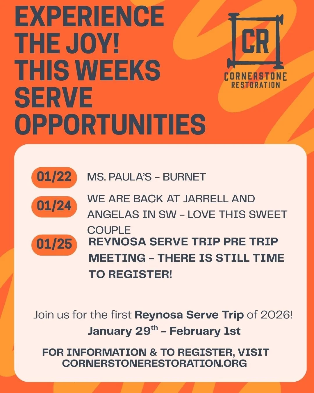 This week at Cornerstone Restoration - Come Serve with Us!!!

Thursday | Serving at sweet Ms. Paulas in Burnet - a woman who radiates Christs love and gratitude!

Saturday | The Joneses in SW Austin for yard work - perfect for groups!! Jarrell beams 