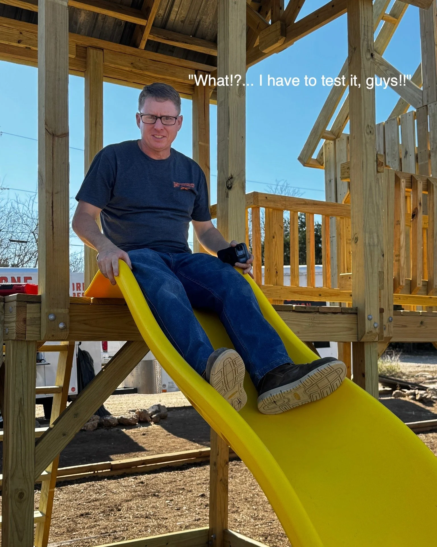Safety Test Completed!! Thanks Rusty for making sure the slide was safe for all the kiddos! 🤣

Come and join the big and little kids on Saturday, February 7th for the final serve day followed by the official Ribbon Cutting and CELEBRATION of the new