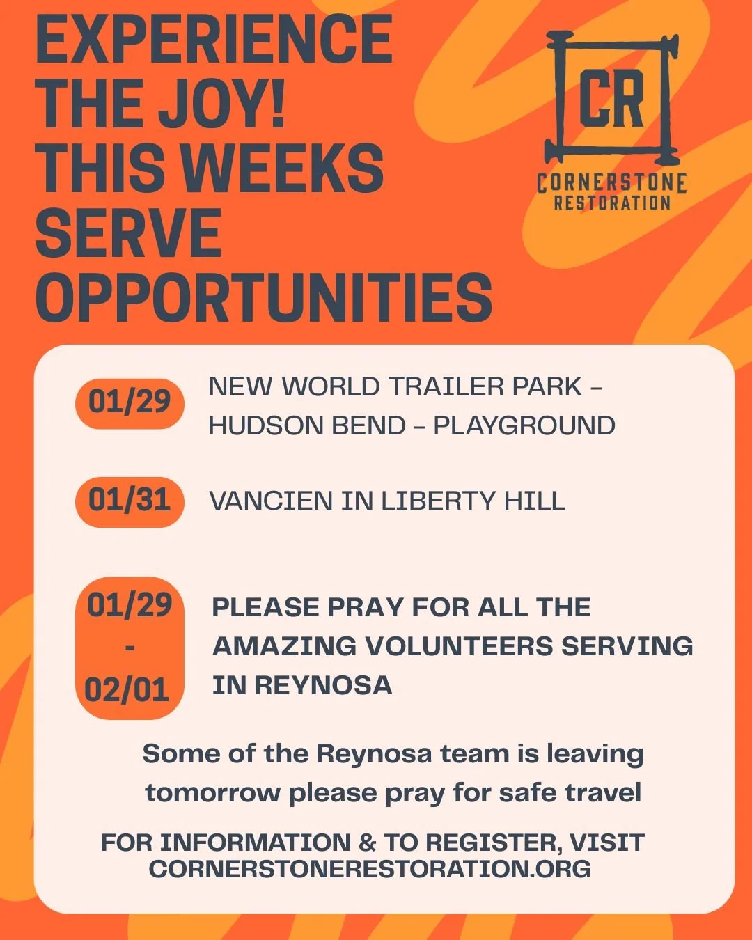 "For even the Son of Man came not to be served but to serve and to give his life as a ransom for many". Mark 10:45 

Register at cornerstonerestoration.org/volunteer

Pray 🧡 Serve 🧡 Donate