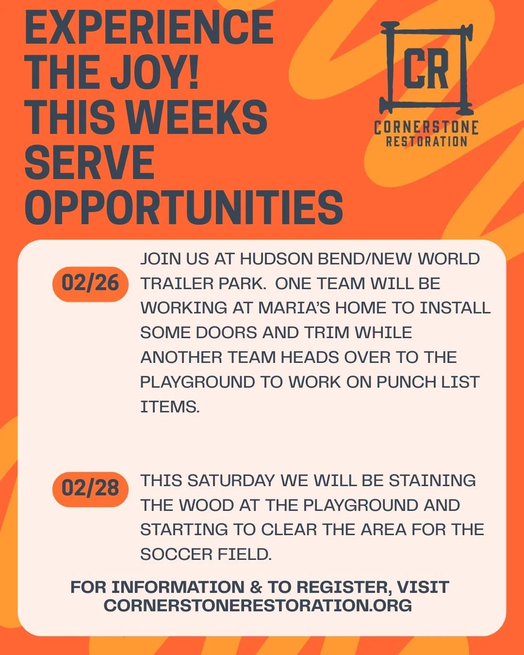 Serve Days this week with Cornerstone Restoration! 

 🧡. Thursday &ndash; Hudson Bend
Replacing doors for Ms. Maria + finishing touches on the playground

🧡  Saturday &ndash; Hudson Bend
Staining the beautiful playground (already a favorite gatheri