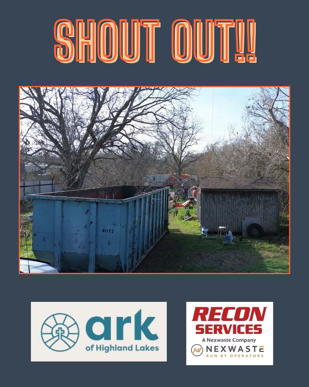 cornerstone_restoration_atx 🧡Grateful. THANK YOU. 

*** corrected post... apologies ***

Huge shoutout to @arkofhighlandlakes  for their support and help in securing a much needed and much appreciated roll-off dumpster from @ReconServices -- for ano