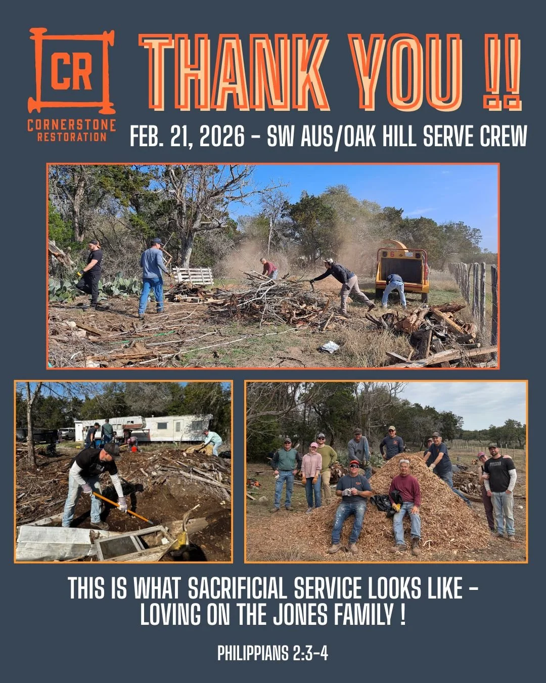 cornerstone_restoration_atx 🧡  THANK YOU !

Willing hearts, helping hands, and warm smiles -- that&rsquo;s what it took to continue to help our wonderful neighbors in need, the Jones family, of SW Austin/Oak Hill. 

Colossians 3:23 (ESV) &ldquo;What