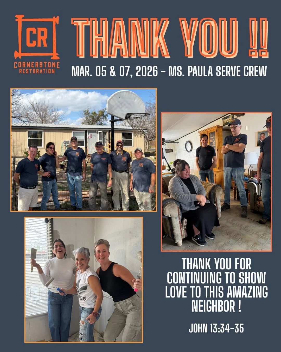 cornerstone_restoration_atx 🧡  THANK YOU !

Thursday and Saturday out in Burnet, TX were great days! 🧡  The team worked diligently, with smiles, good conversation, laughter, and joy &ndash; to shine the light of Christ and to continue the work of m