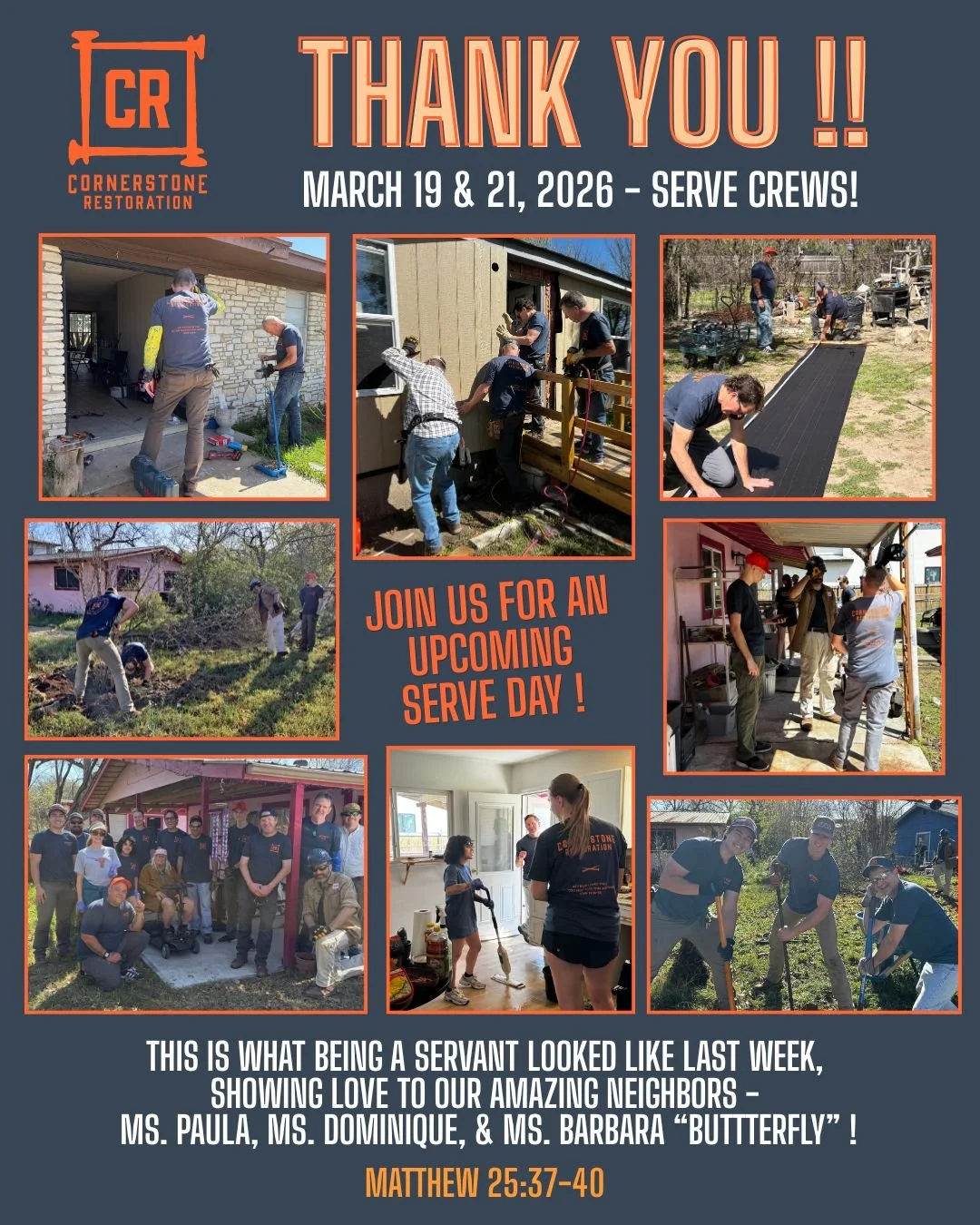 🧡 cornerstone_restoration_atx 🧡  THANK YOU 🧡 !!

Be a part of moments like this, come serve with us &rarr; https://www.cornerstonerestoration.org/