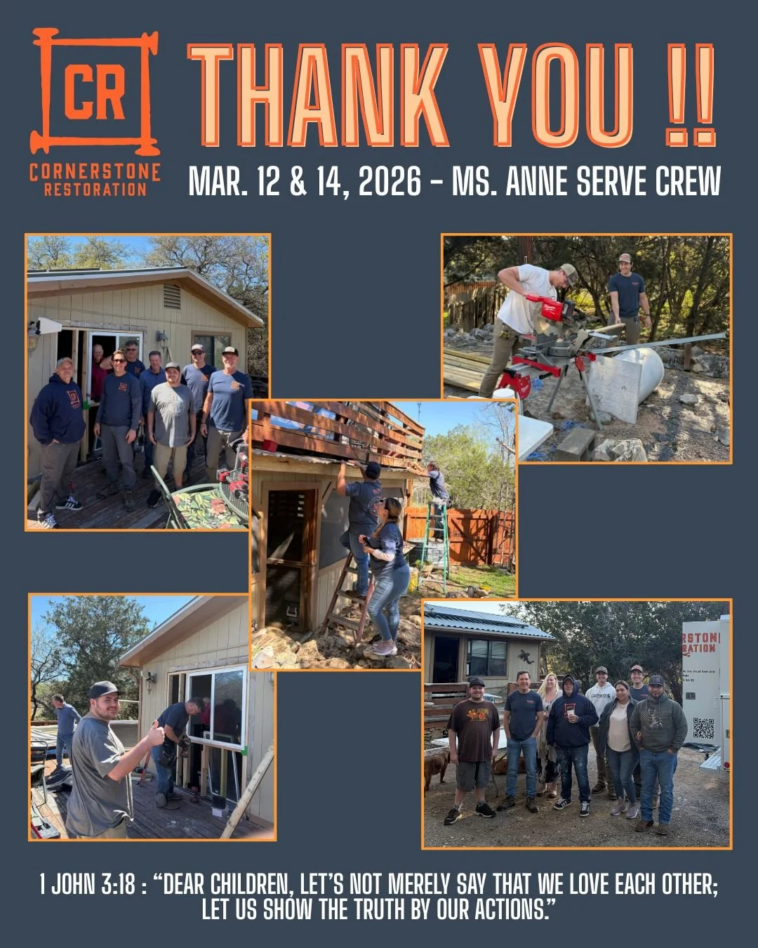 cornerstone_restoration_atx 🧡  THANK YOU !

What a special couple of  days out at Ms. Anne's in Spicewood, TX!  The team showed the love of Christ to this wonderful, single mother who needed a helping hand with repairs around her home! 

Smiles, goo