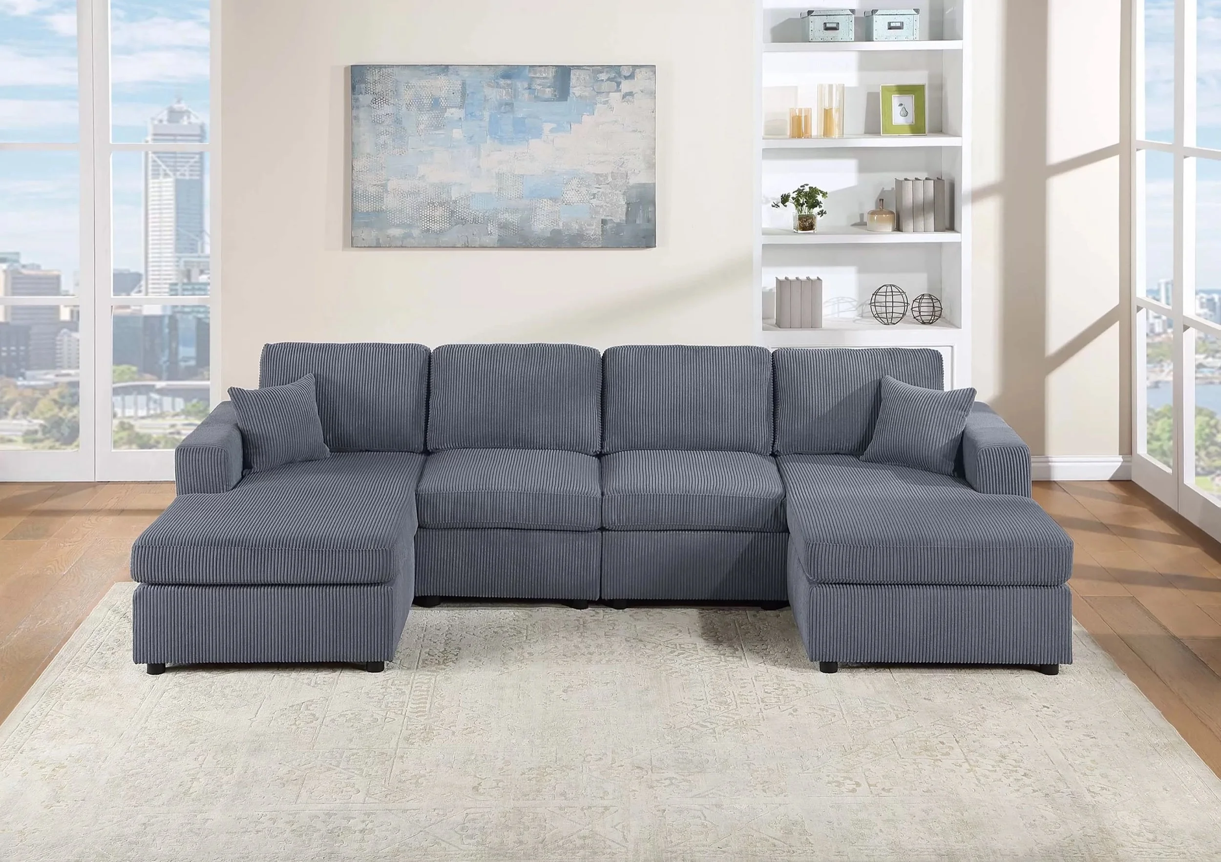 Dark gray corduroy U-shaped sectional with double chaise at More 4 Less Furniture in Mesa, AZ