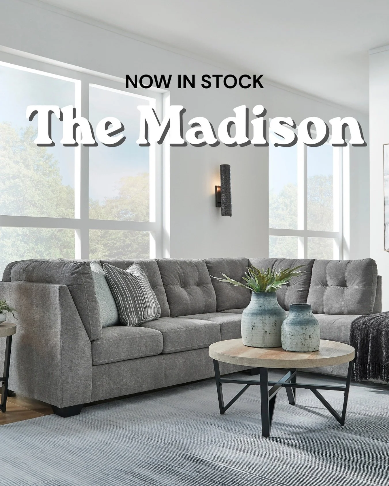 Meet The Madison. 🛋️ 

Our newest sectional just hit the floor and it&rsquo;s already turning heads. Tufted cushions, deep seats, and that perfect shade of gray that goes with everything. Come see it in person at Muebler&iacute;a More 4 Less Furnitu