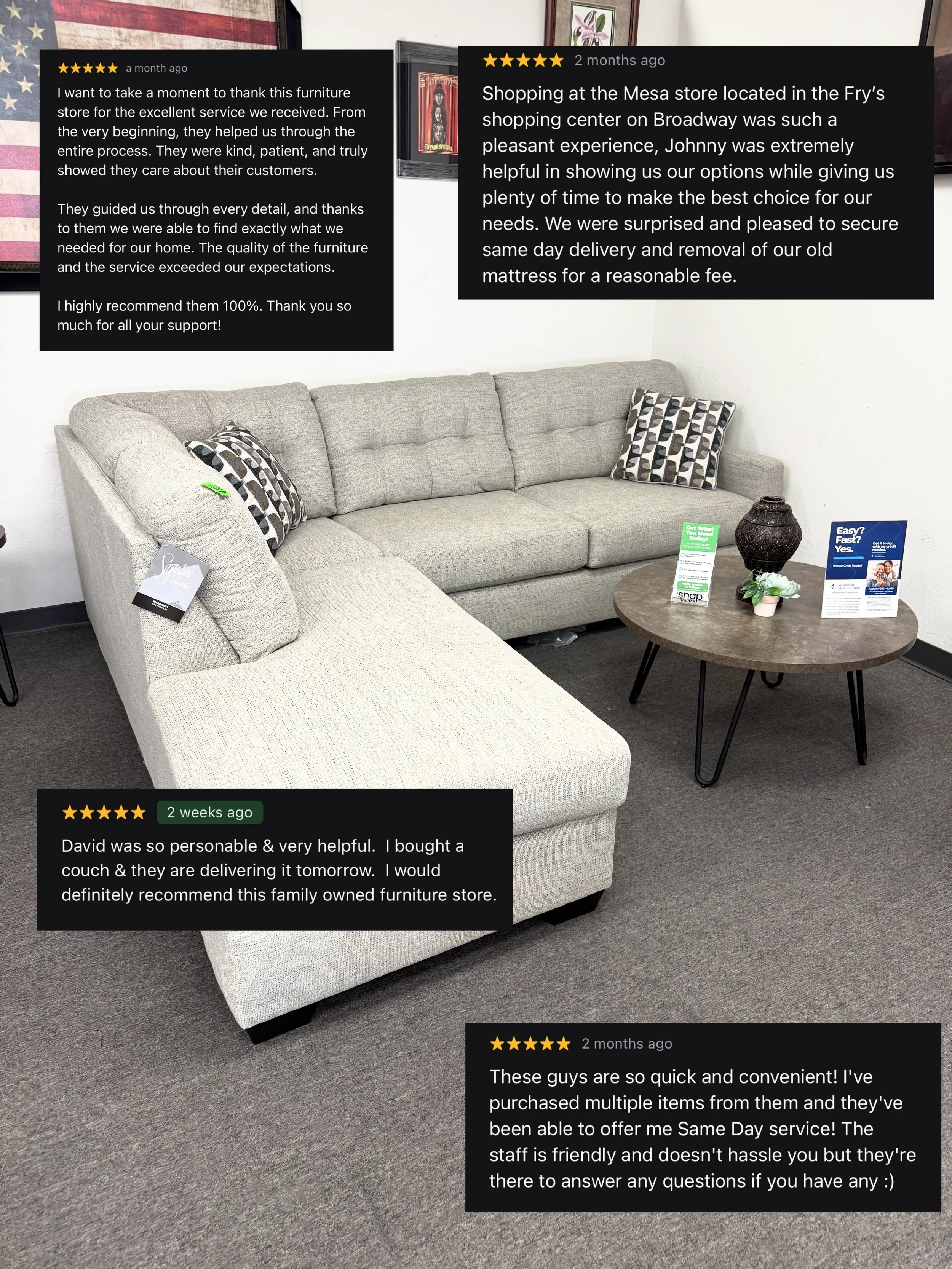 Take a home a brand new couch for just $39 to start!!! 🤩⭐️🥳 

We deliver all over the Valley and have same day availability 😳 No need to come in, if it&rsquo;s easier to call or text us to place an order we can do that 😎

📍500 W Southern Ave Sui