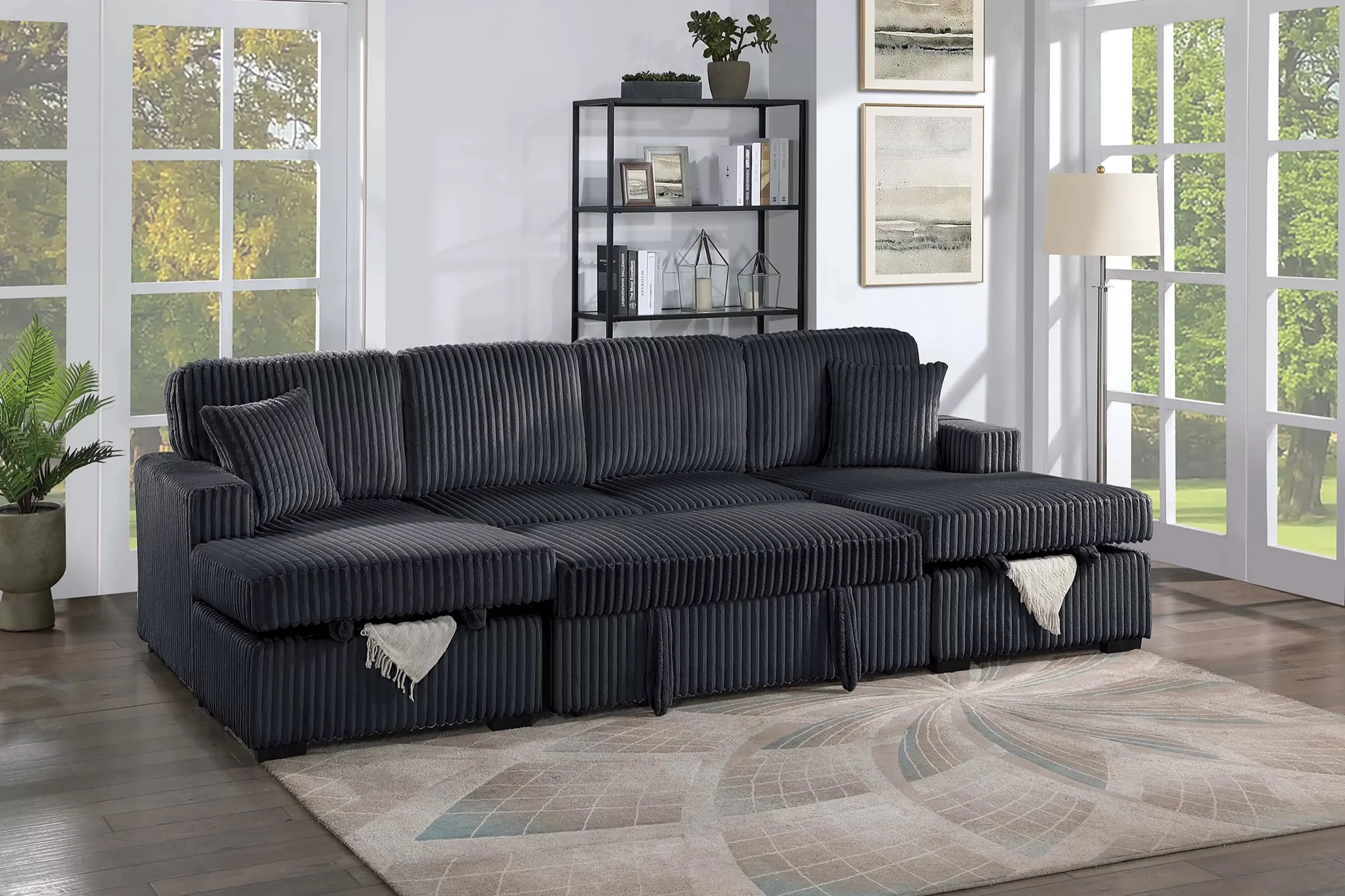 Black corduroy U-shaped sleeper sectional with pull-out bed and storage chaises, Mesa AZ