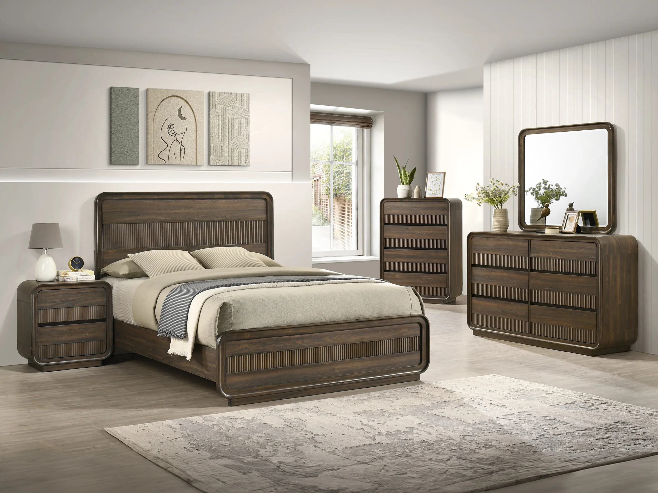 modern bedroom dresser and nightstand Warm Wood Mid-Century Modern Bedroom Set — Mueblería More 4 Less Furniture