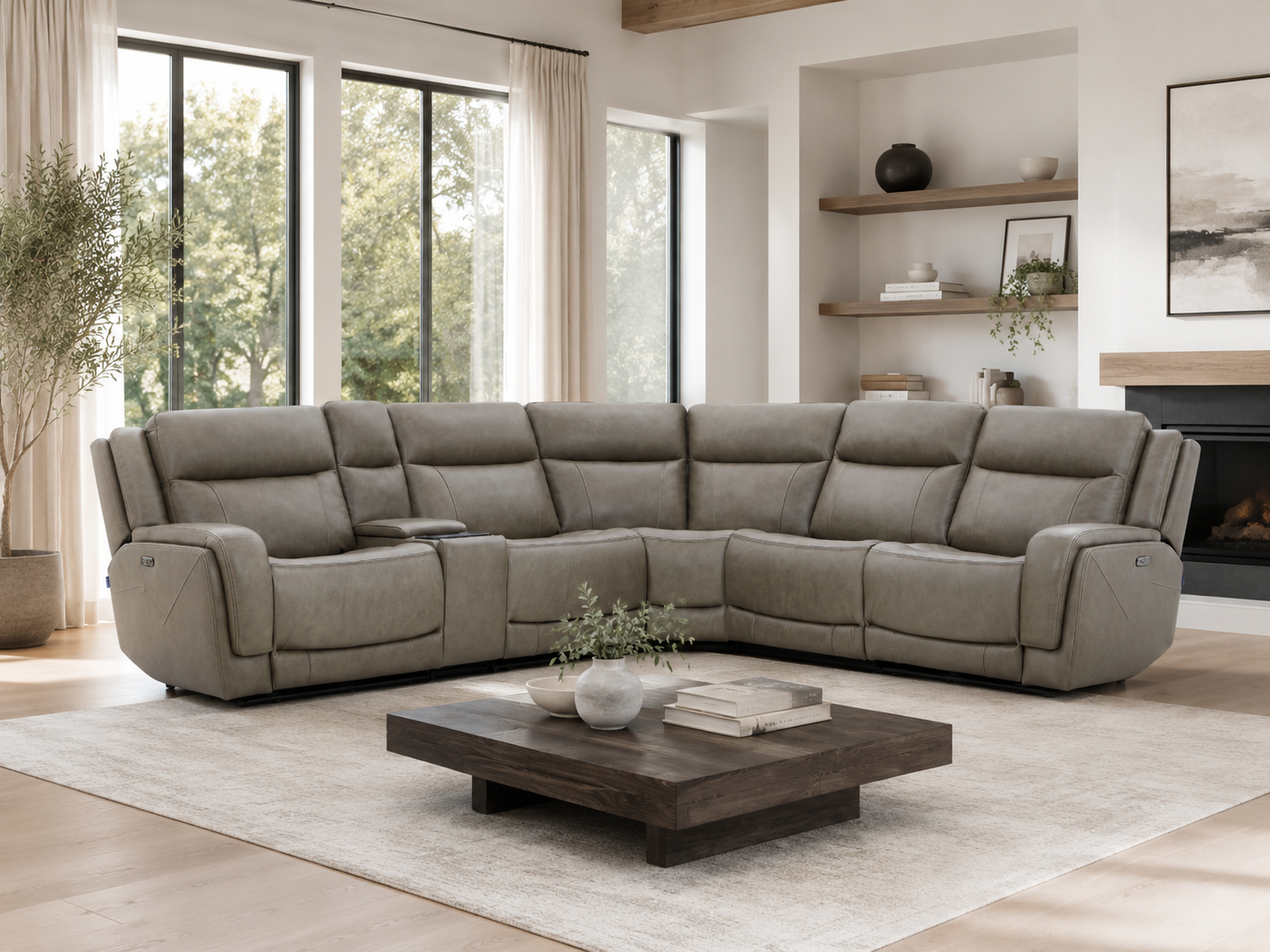 Gray Genuine Leather Power Reclining Sectional with USB Charging