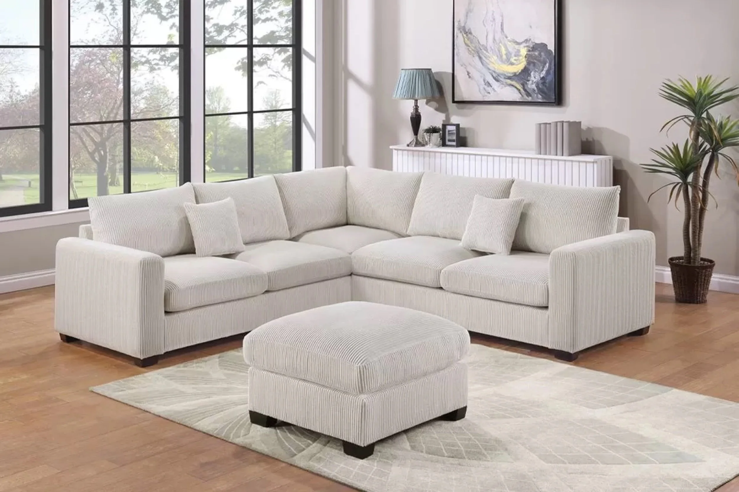 Cream Corduroy L-Shaped Corner Sectional with Ottoman
