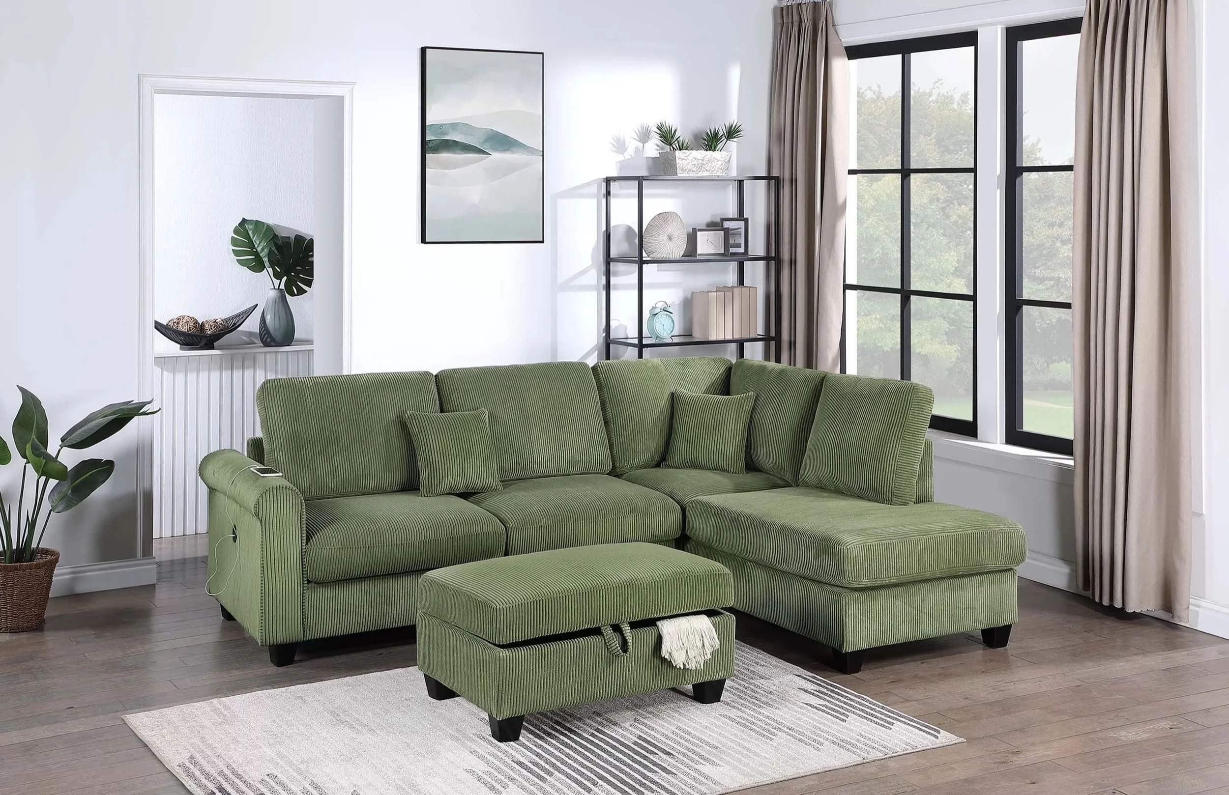 Sage Green Corduroy Sectional with Chaise, Storage Ottoman and USB Port