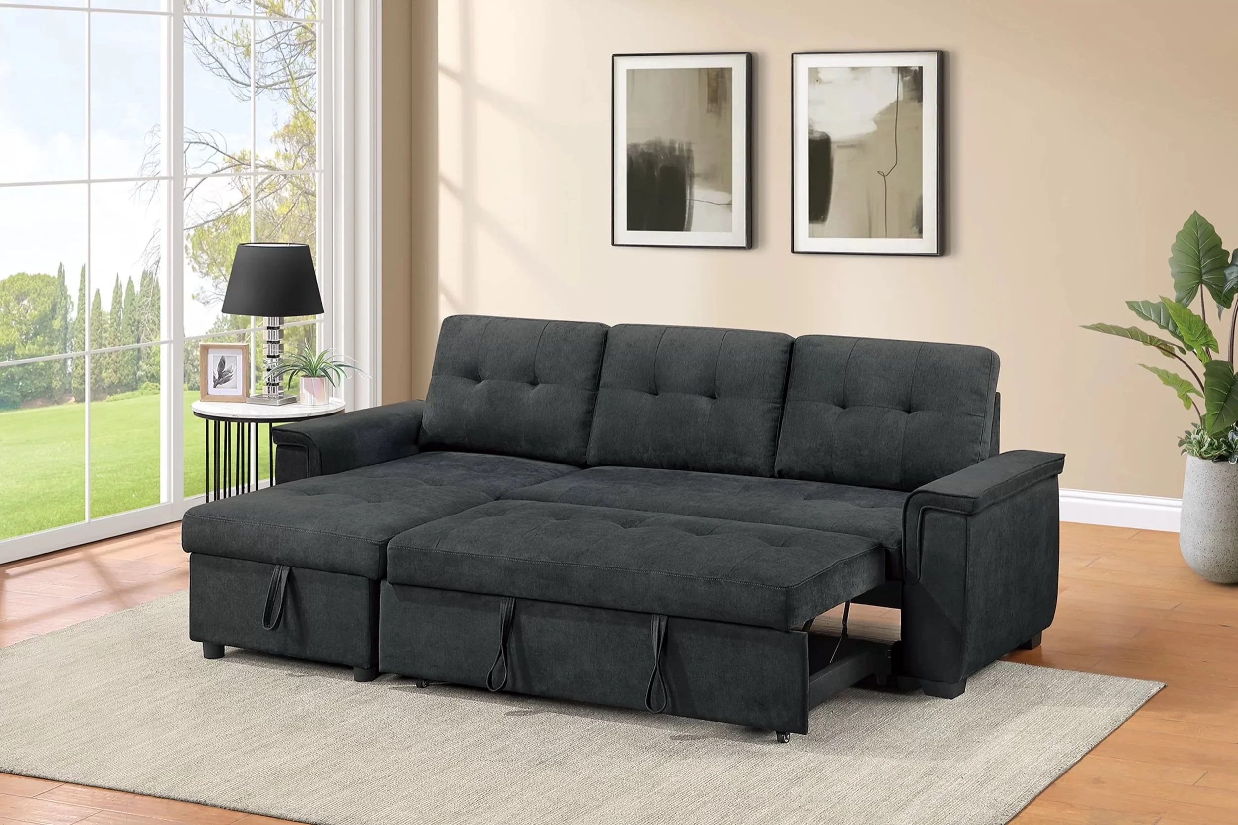 Black small sleeper sectional with pull-out bed and storage chaise, in stock in Mesa, AZ