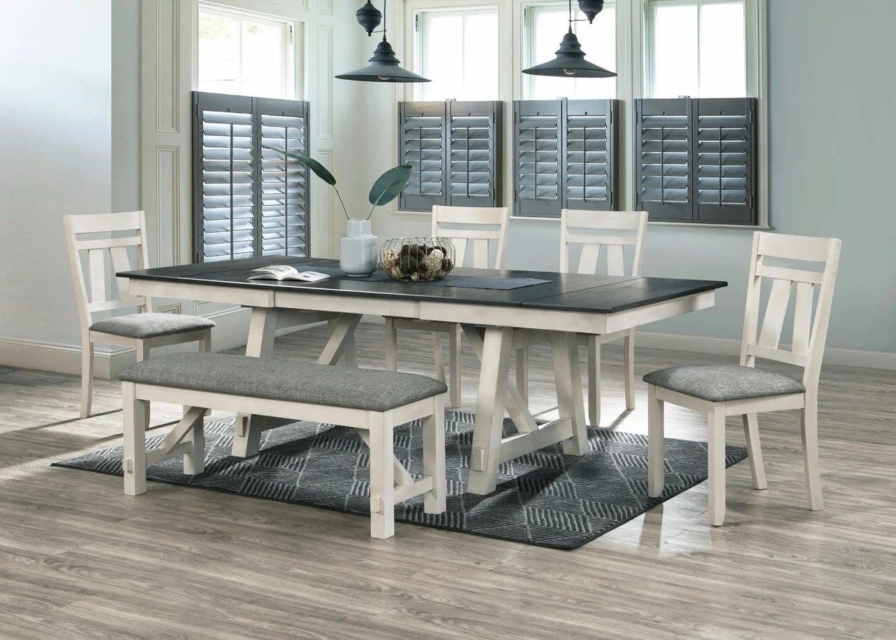 White and Gray Dinette Set with Leaf and Bench