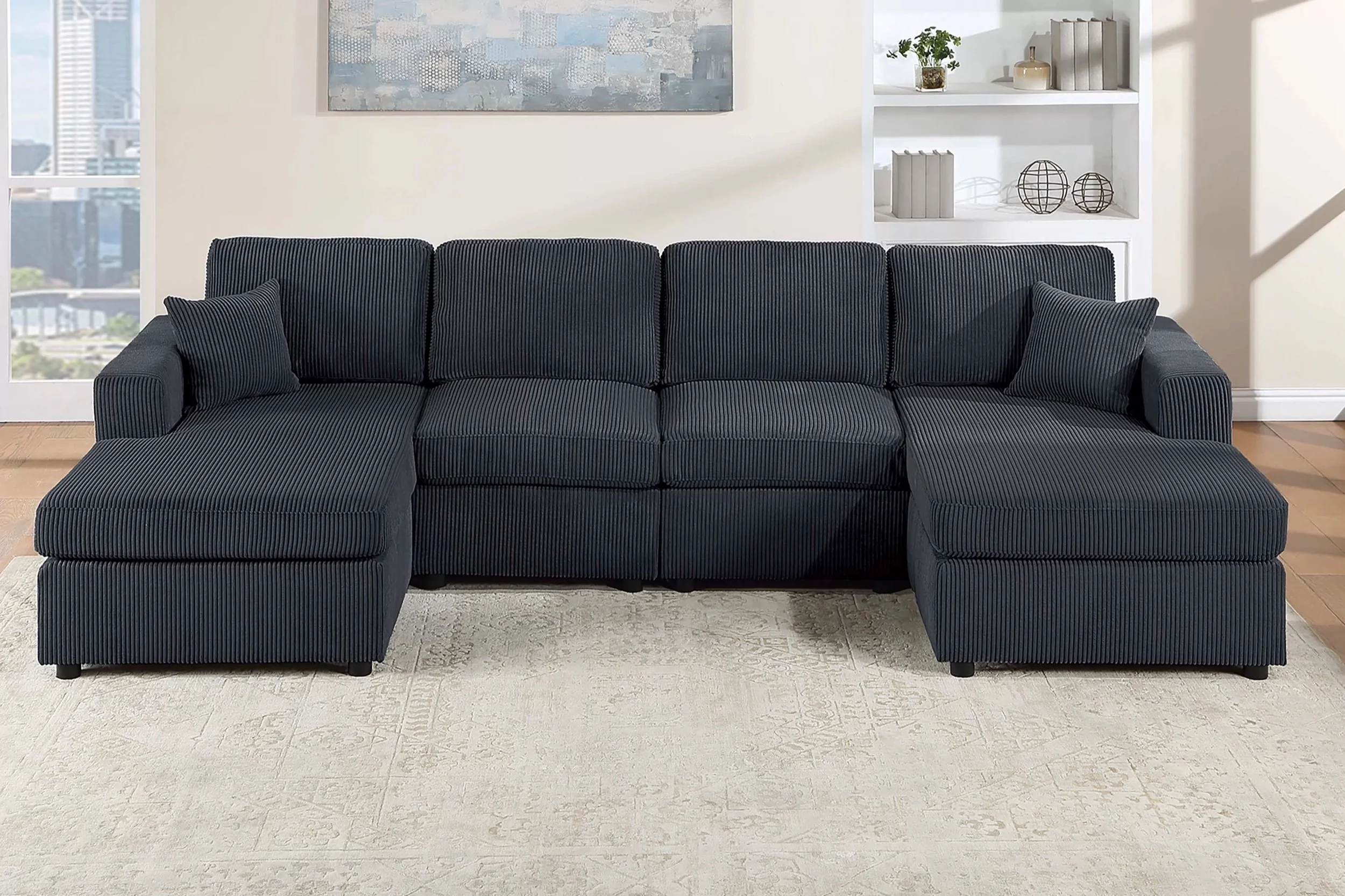 Black Corduroy U-Shaped Sectional with Double Chaise