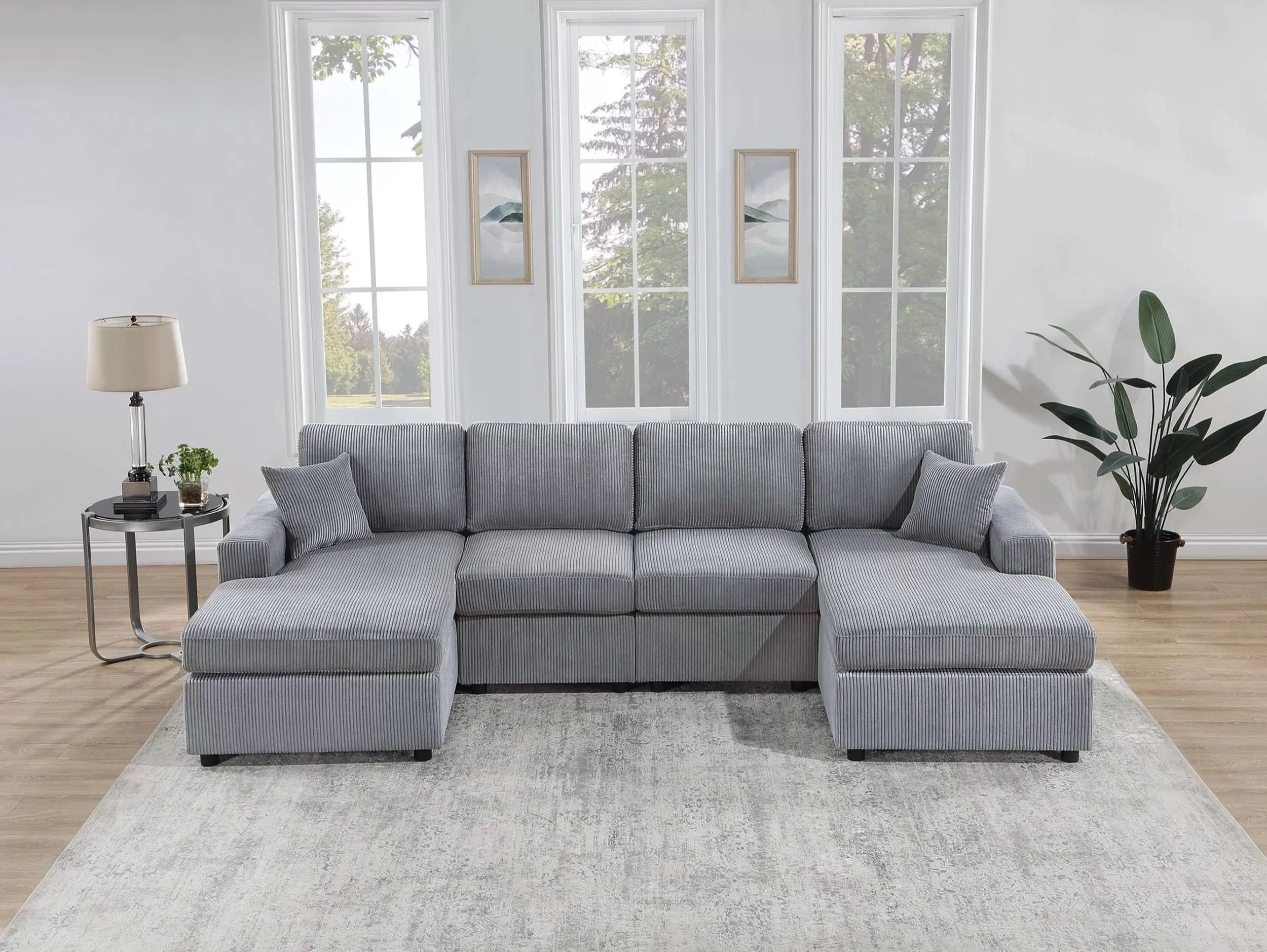 Light gray corduroy U-shaped sectional with double chaise at More 4 Less Furniture in Mesa, AZ